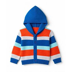 Babyhug Knit Full Sleeves Striped Hooded Sweater Set -Blue