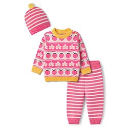 Babyhug Knit Full Length Full Sleeves Sweater Set with Cap and Strawberry Design in Pink