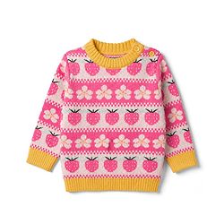 Babyhug Knit Full Length Full Sleeves Sweater Set with Cap and Strawberry Design in Pink