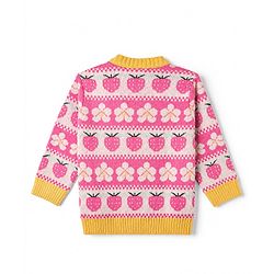 Babyhug Knit Full Length Full Sleeves Sweater Set with Cap and Strawberry Design in Pink