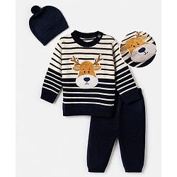 Babyhug Knit Full Sleeves Sweater Sets with Cap and Reindeer Patch in Navy Blue