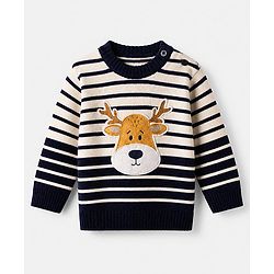Babyhug Knit Full Sleeves Sweater Sets with Cap and Reindeer Patch in Navy Blue