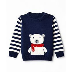 Babyhug Knit Full Sleeves Striped Sweater Set with Cap and Bear Design in Navy Blue
