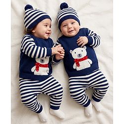 Babyhug Knit Full Sleeves Striped Sweater Set with Cap and Bear Design in Navy Blue
