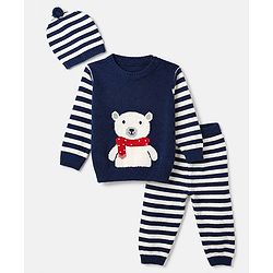 Babyhug Knit Full Sleeves Striped Sweater Set with Cap and Bear Design in Navy Blue