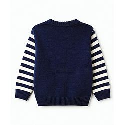 Babyhug Knit Full Sleeves Striped Sweater Set with Cap and Bear Design in Navy Blue