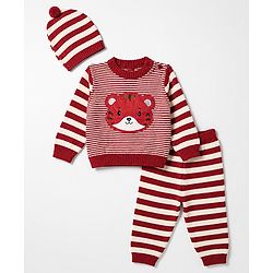 Babyhug Knit Full Sleeves Sweater Set with Cap and Tiger Applique in Rust Orange