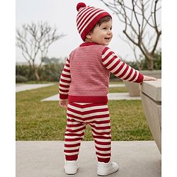 Babyhug Knit Full Sleeves Sweater Set with Cap and Tiger Applique in Rust Orange