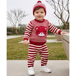Babyhug Knit Full Sleeves Sweater Set with Cap and Tiger Applique in Rust Orange
