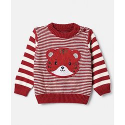 Babyhug Knit Full Sleeves Sweater Set with Cap and Tiger Applique in Rust Orange