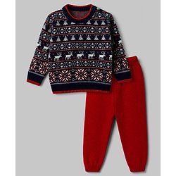 Babyhug Knit Full Sleeves Sweater Set With Cap & Floral Design - Red & Navy Blue