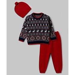 Babyhug Knit Full Sleeves Sweater Set With Cap & Floral Design - Red & Navy Blue