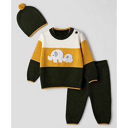 Babyhug Knit Full Sleeves Sweater Set With Elephant Applique - Mustard