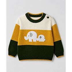 Babyhug Knit Full Sleeves Sweater Set With Elephant Applique - Mustard