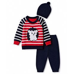 Babyhug Knit Full Sleeves Sweater Set With Hedgehog Detailing & Cap - Red