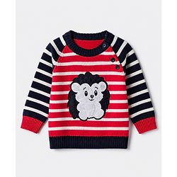 Babyhug Knit Full Sleeves Sweater Set With Hedgehog Detailing & Cap - Red