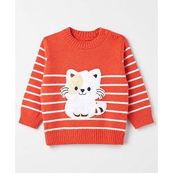 Babyhug Knit Sweater Set and Cap with Full Sleeves and Cat Applique in Orange for 3-6 Months