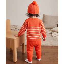 Babyhug Knit Sweater Set and Cap with Full Sleeves and Cat Applique in Orange for 3-6 Months