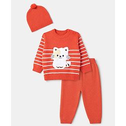 Babyhug Knit Sweater Set and Cap with Full Sleeves and Cat Applique in Orange for 3-6 Months