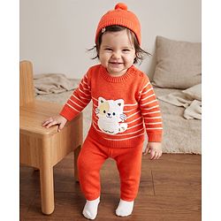 Babyhug Knit Sweater Set and Cap with Full Sleeves and Cat Applique in Orange for 3-6 Months