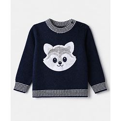 Babyhug Knit Full Sleeves Sweater Set With Raccoon Detailing & Cap - Navy Blue