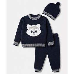 Babyhug Knit Full Sleeves Sweater Set With Raccoon Detailing & Cap - Navy Blue