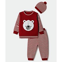 Babyhug Knit Sweater Set and Cap with Full Sleeves and Bear Detailing - Red
