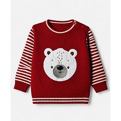 Babyhug Knit Sweater Set and Cap with Full Sleeves and Bear Detailing - Red