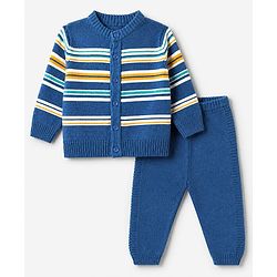 Babyhug Knit Cardigan and Pant with Full Sleeves and Stripes Design in Royal Blue for 3-6 Months