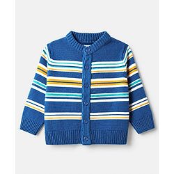 Babyhug Knit Cardigan and Pant with Full Sleeves and Stripes Design in Royal Blue for 3-6 Months