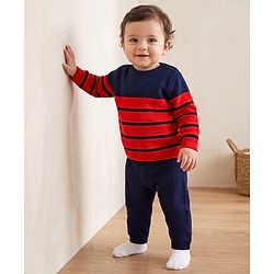Babyhug Knit Sweater Sets with Full Sleeves and Striped Print in Red for 0-3 Months