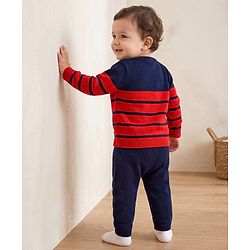 Babyhug Knit Sweater Sets with Full Sleeves and Striped Print in Red for 0-3 Months