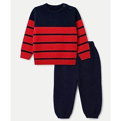 Babyhug Knit Sweater Sets with Full Sleeves and Striped Print in Red for 0-3 Months