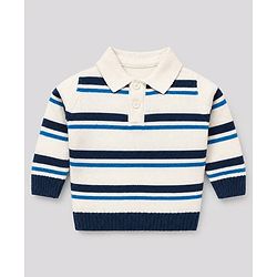 Babyhug Knit Full Sleeves Striped Collar Neck Sweater Set - White & Blue