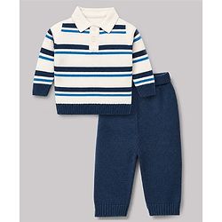 Babyhug Knit Full Sleeves Striped Collar Neck Sweater Set - White & Blue