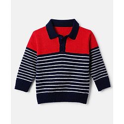 Babyhug Knit Full Sleeves Sweater Set with Stripes Design - Red