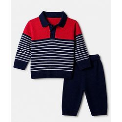 Babyhug Knit Full Sleeves Sweater Set with Stripes Design - Red