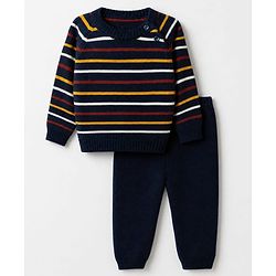 Babyhug Knit Full Sleeves Striped Sweater Set - Navy Blue