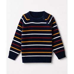 Babyhug Knit Full Sleeves Striped Sweater Set - Navy Blue