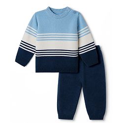 Babyhug Knit Sweater Set with Full Sleeves and Striped Print in Light/Sky Blue