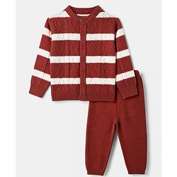 Babyhug Knit Full Sleeves Striped Sweater Set With Cable Knit Design - Brown
