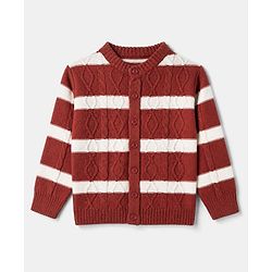 Babyhug Knit Full Sleeves Striped Sweater Set With Cable Knit Design - Brown
