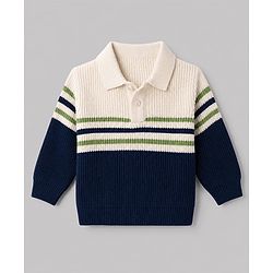 Babyhug Knit Full Sleeves Striped Sweater Set - White