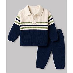 Babyhug Knit Full Sleeves Striped Sweater Set - White