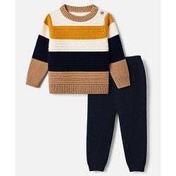 Babyhug Knit Full Sleeves Striped Sweater - Navy Blue White