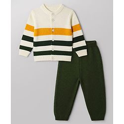 Babyhug Knit Full Sleeves Sweater and Pant Set with Stripes - White, Green, Yellow