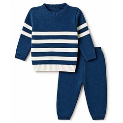 Babyhug Knit Full Sleeves Sweater Set With Stripes - White & Navy Blue