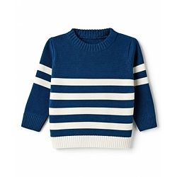 Babyhug Knit Full Sleeves Sweater Set With Stripes - White & Navy Blue