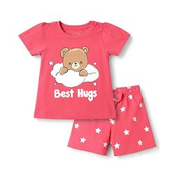 Babyhug 100% Cotton Knit Half Sleeves T-Shirt & Shorts Night Suit with Bear Print - Dark Pink