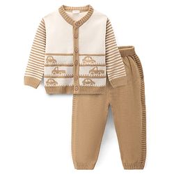Babyhug Knit Full Sleeves Sweater Set with Vehicle Design - Beige